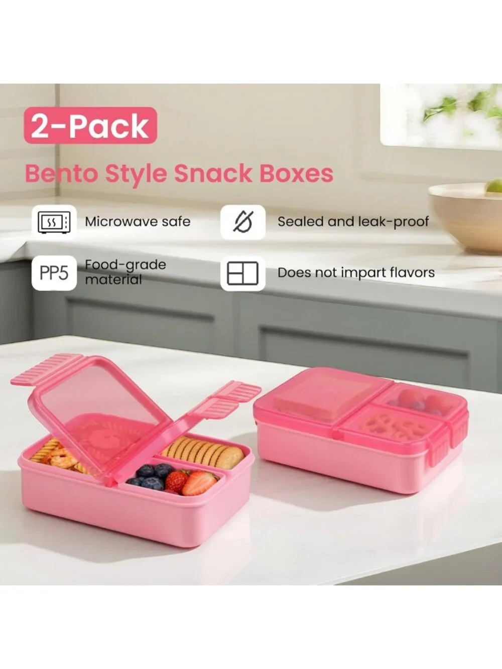 2 Pack Reusable Bento Lunch Snack Boxes for Kids | Removable Dividers